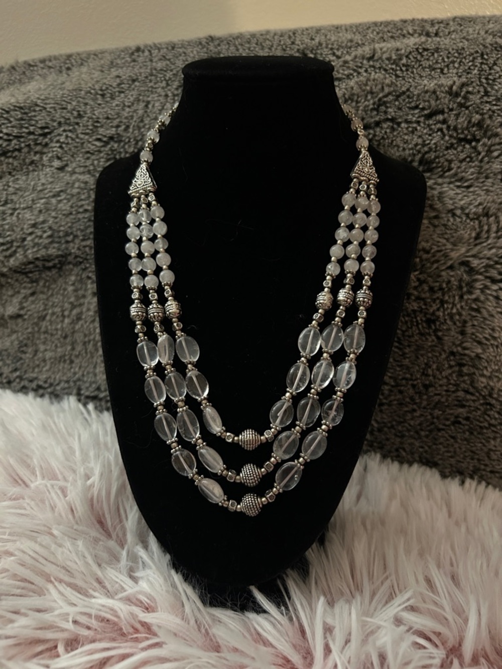 Vintage 925 Sterling Silver Clear Quartz Multi-Strand Necklace - 18.5-20 inches
